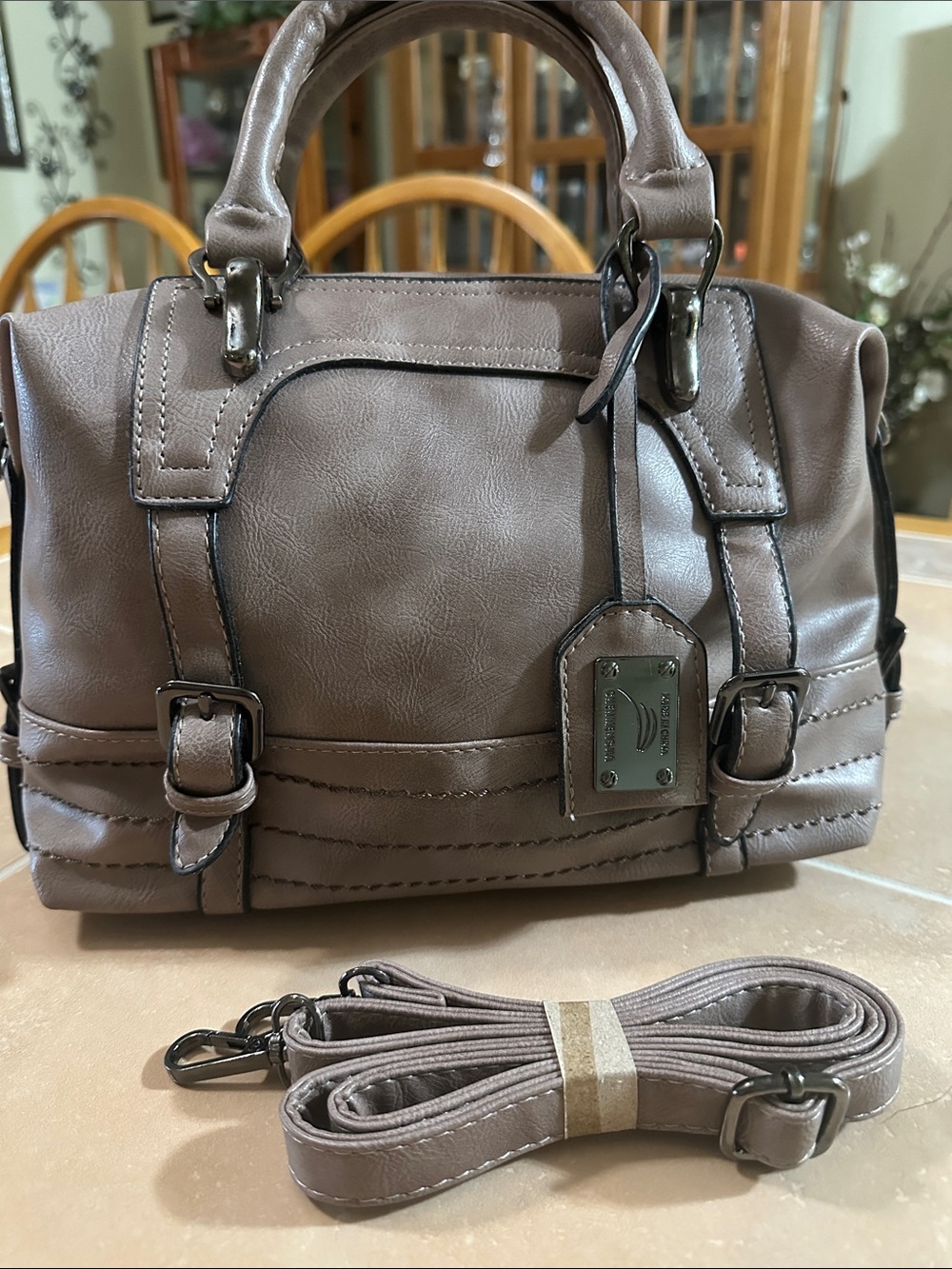 Taupe Structured Satchel Handbag with Detachable Strap